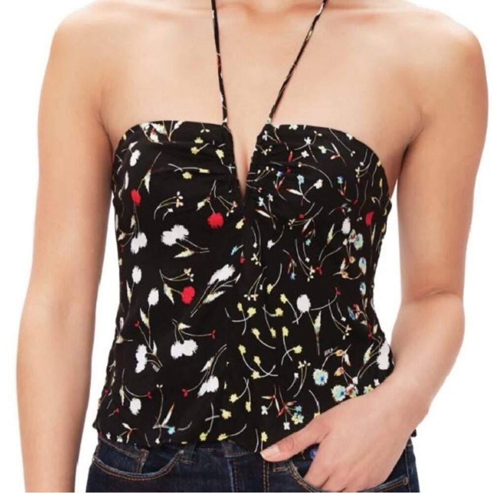 AFRM Suki Plunge Neck Halter Tie Smocked Black Floral Tank Top Size XS